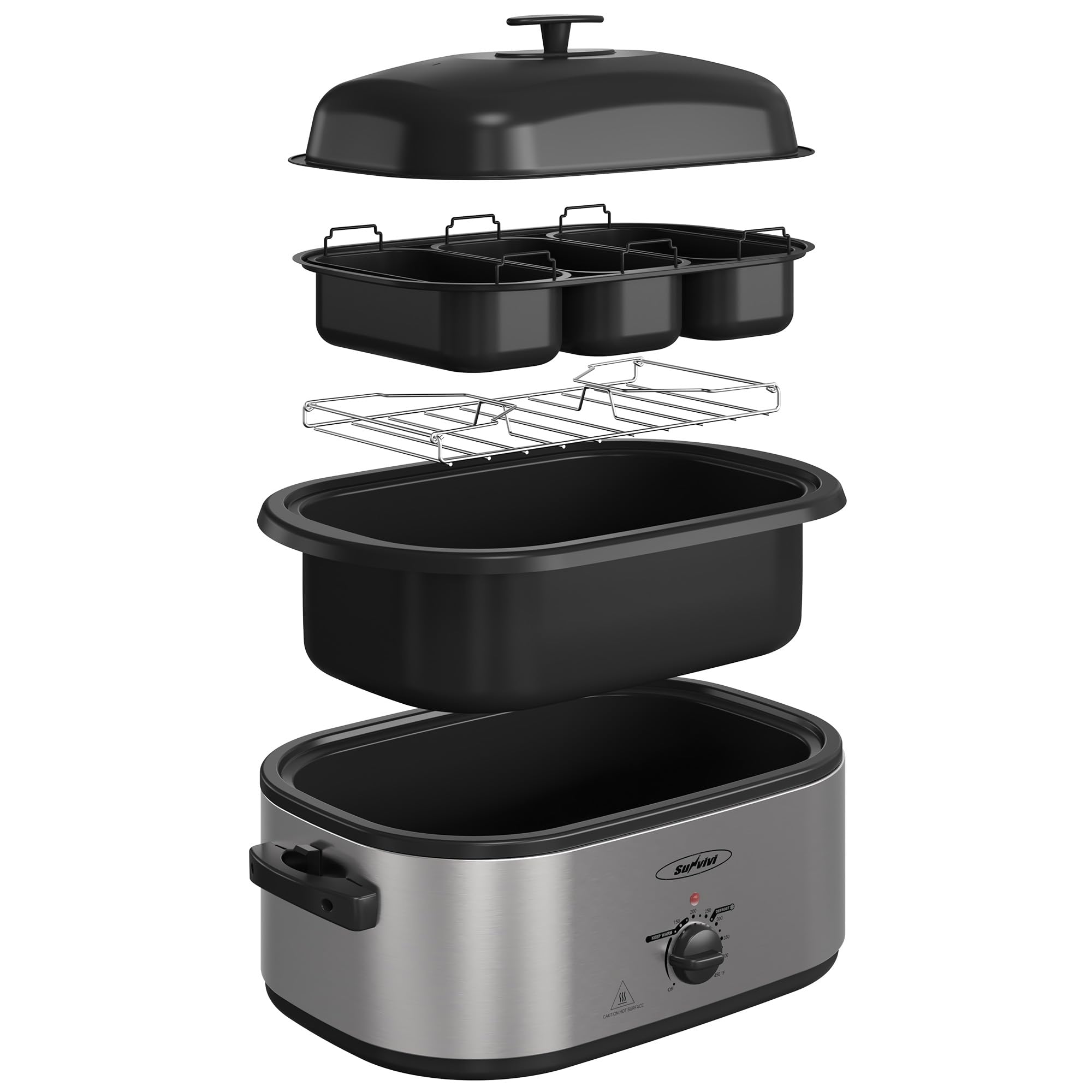 Dishwasher-safe SUNVIVI buffet trays and enamel pan simplify cleanup after meals.