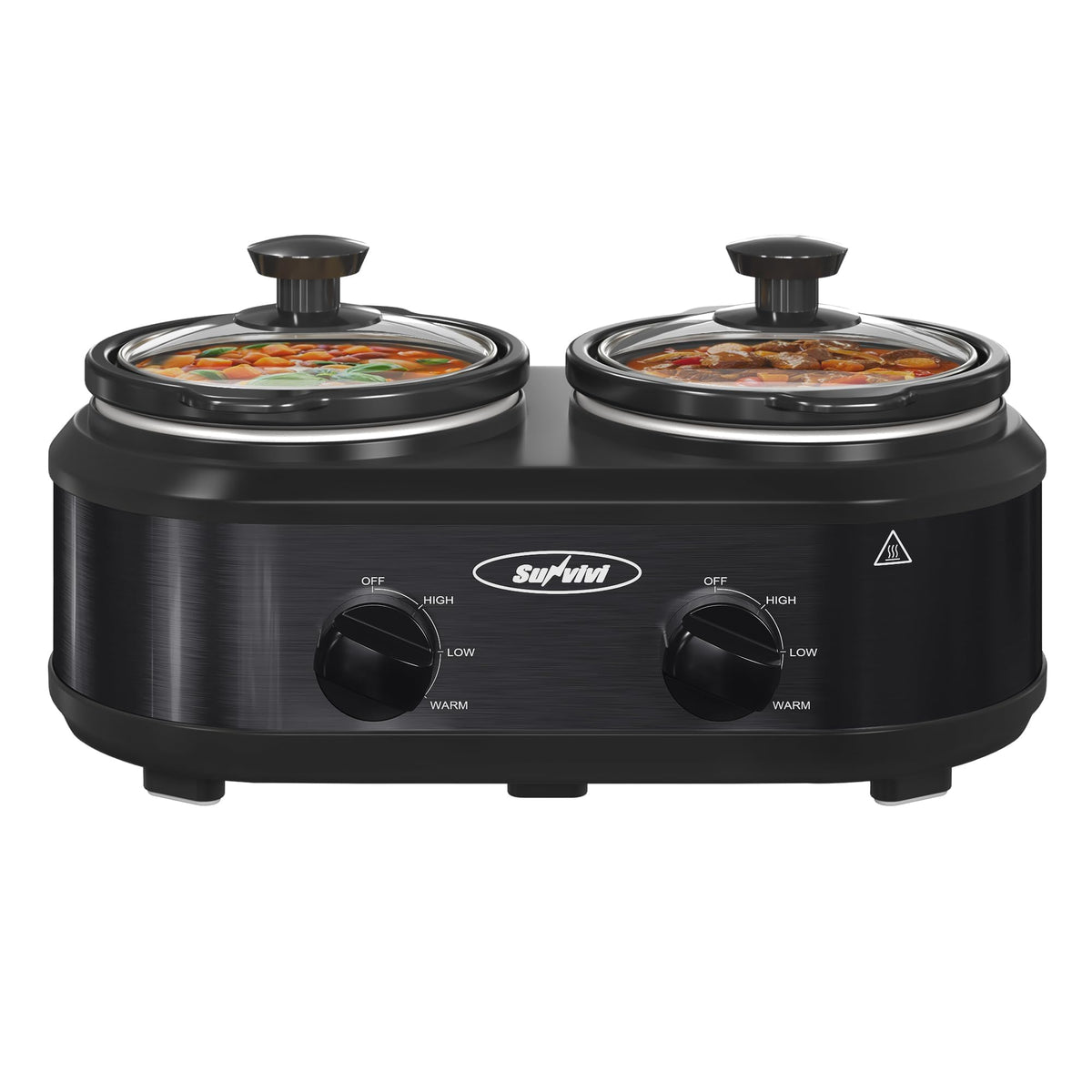 Sunvivi dual‑pot slow cooker showing two 1.25 qt ceramic pots for two dishes