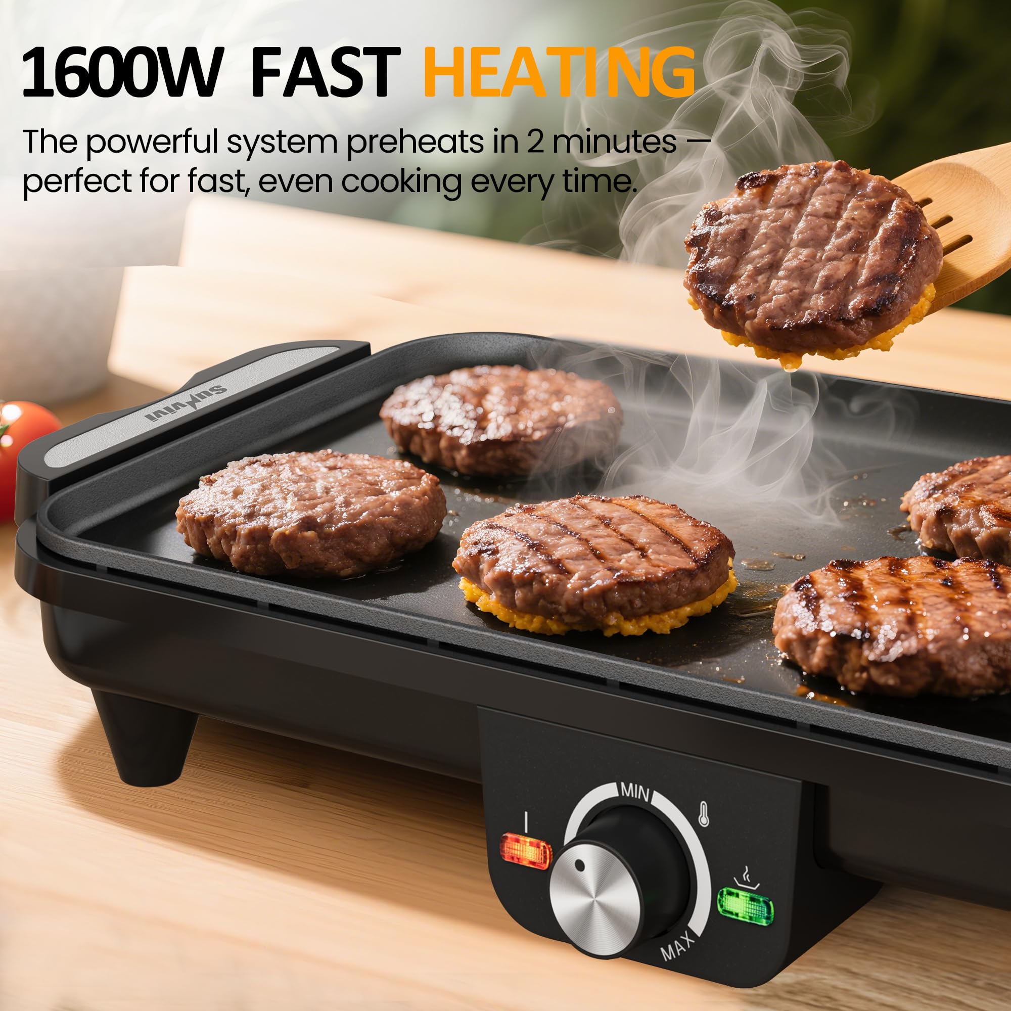 SUNVIVI electric griddle 1600W rapid heating preheats quickly for weekday meals.
