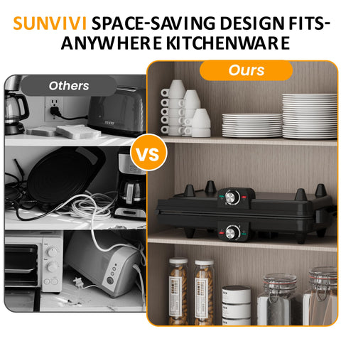 SUNVIVI electric griddle detachable drip tray catches oil for mess-free cooking.