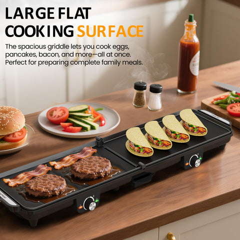 SUNVIVI electric griddle two-zone cooking supports different foods with separate heat settings.