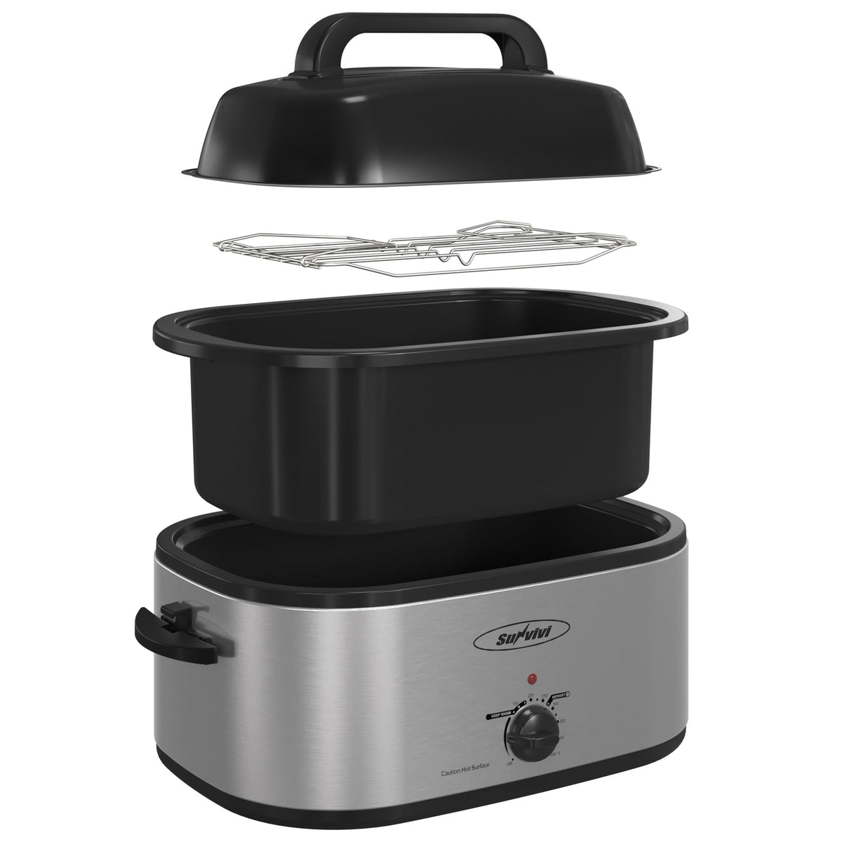 Sunvivi electric roaster exterior in silver, ideal for family-sized feasts.