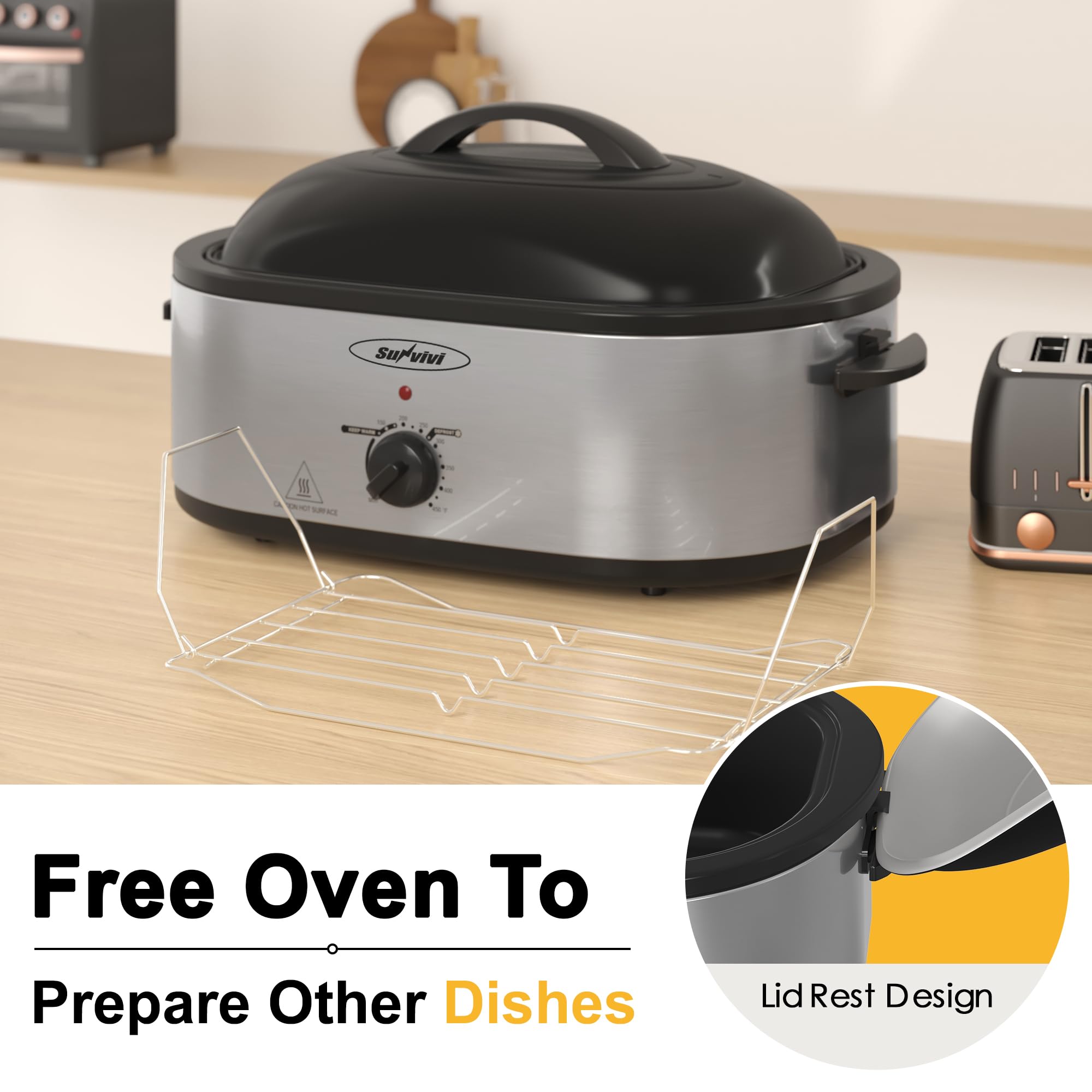 SUNVIVI removable enamel-on-steel pan and rack for easy cleanup.