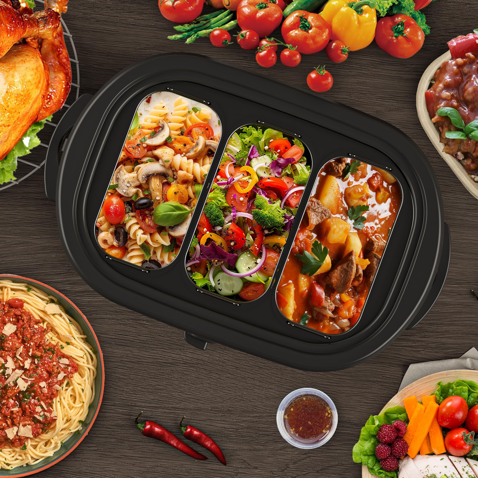 Removable enamel roasting pan from SUNVIVI roaster for easy cleanup and loading.