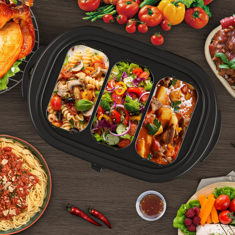 Removable enamel roasting pan from SUNVIVI roaster for easy cleanup and loading.