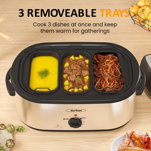 SUNVIVI roaster with three-bin buffet trays for versatile main and side service.