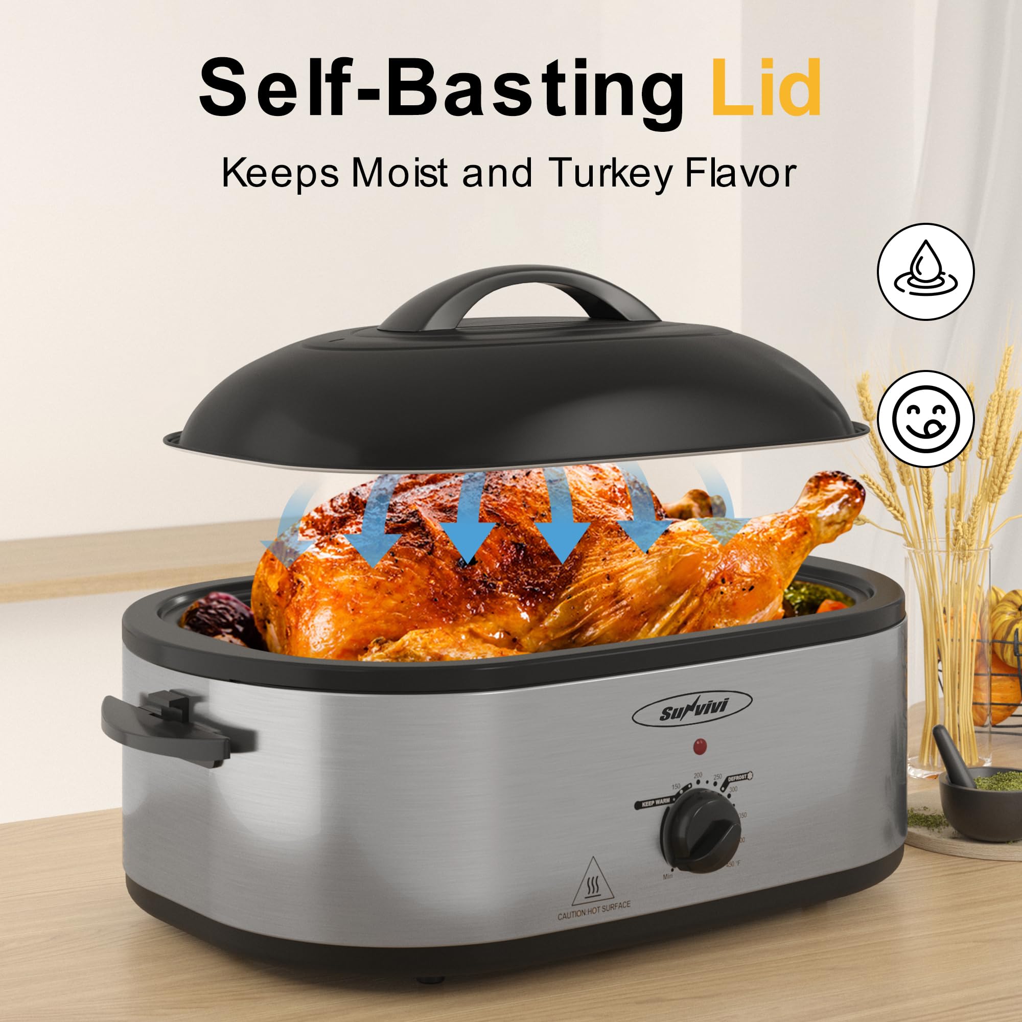 SUNVIVI roaster oven showing defrost and warm options for flexible cooking.