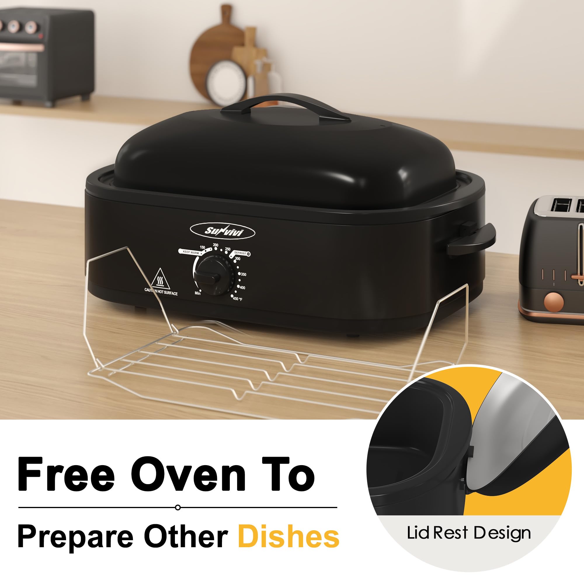 Removable pan and rack simplify cleanup and enable crispy skin on roasts.