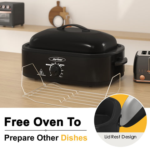 Removable pan and rack simplify cleanup and enable crispy skin on roasts.