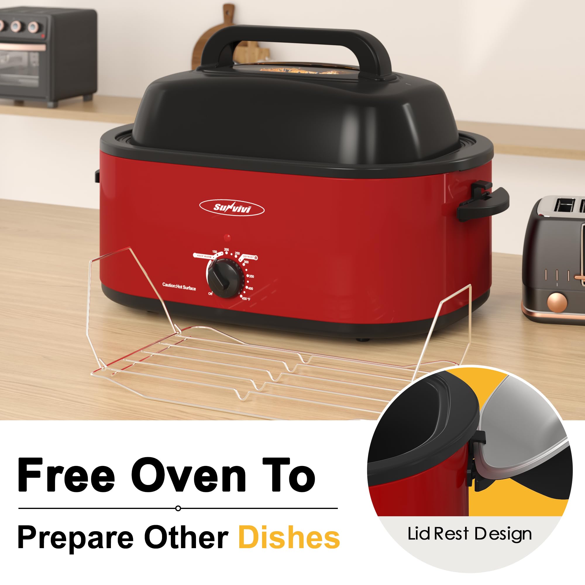 Sunvivi Roaster Oven self-basting lid circulates moisture for flavorful results.