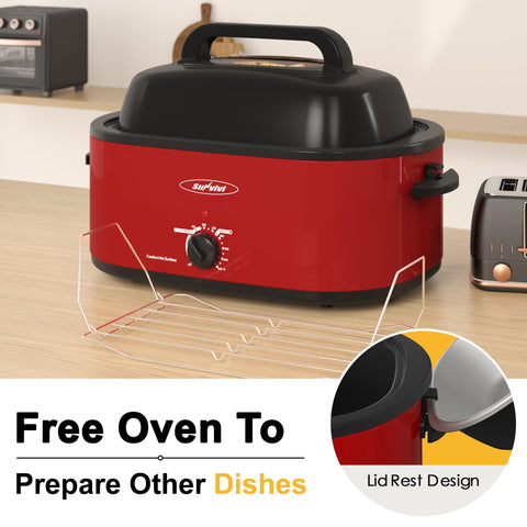 Sunvivi Roaster Oven self-basting lid circulates moisture for flavorful results.