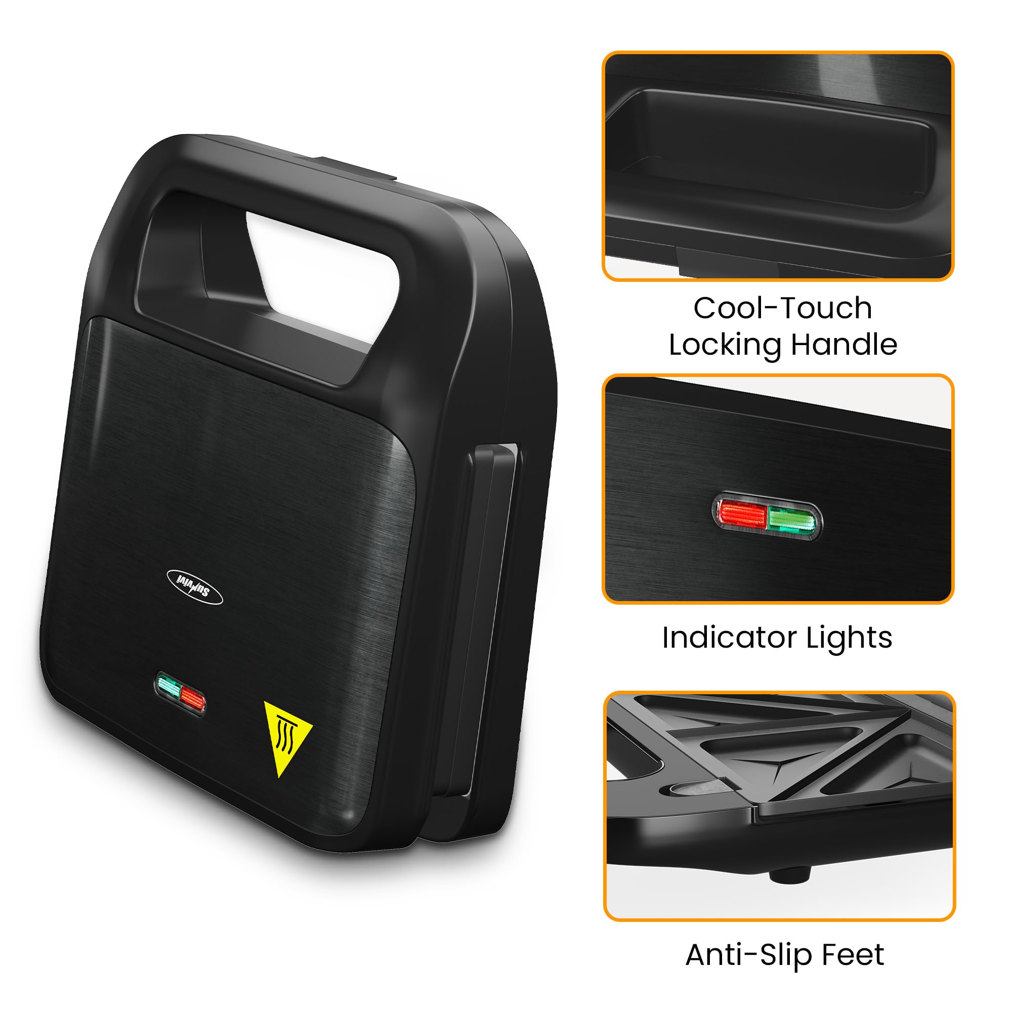 SUNVIVI sandwich press with interchangeable plate for evenly grilled sandwiches.