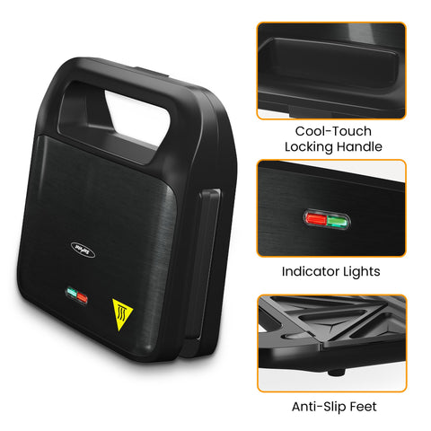 SUNVIVI sandwich press with interchangeable plate for evenly grilled sandwiches.