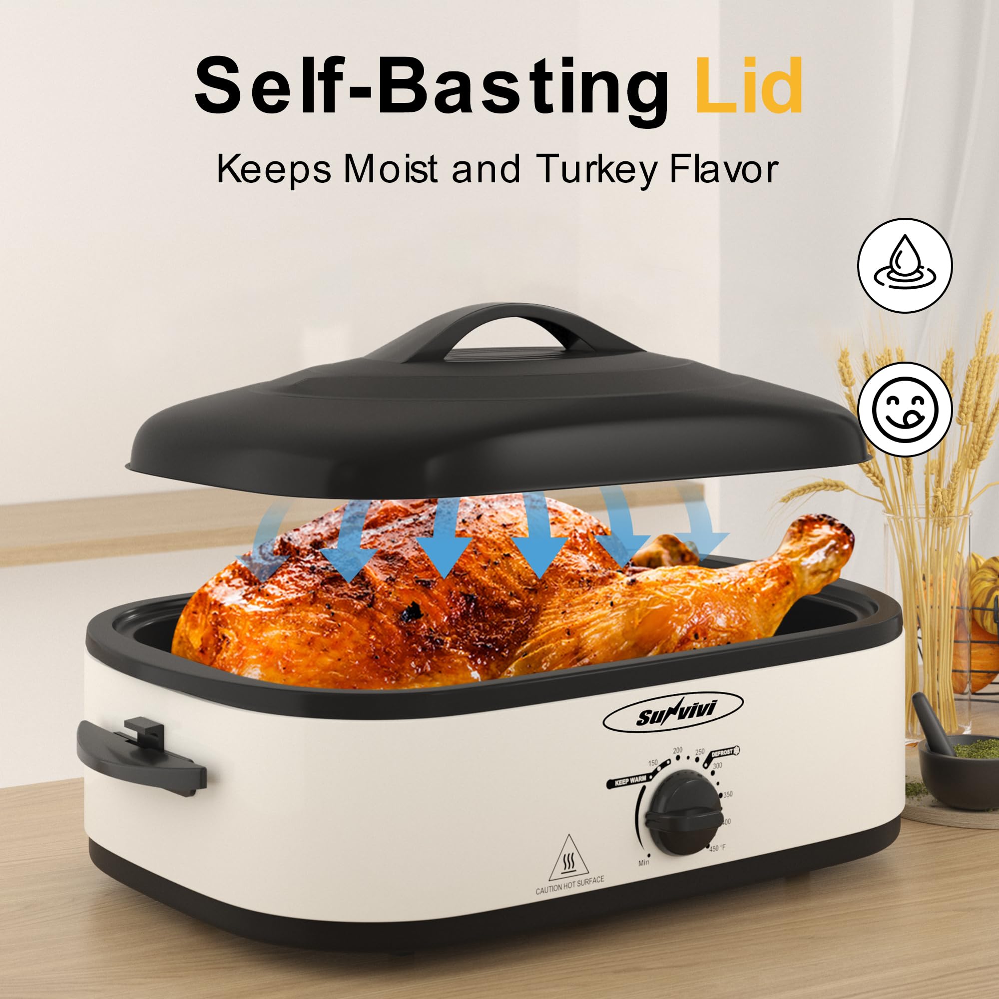 SUNVIVI self-basting lid creates moisture for tender roasts.
