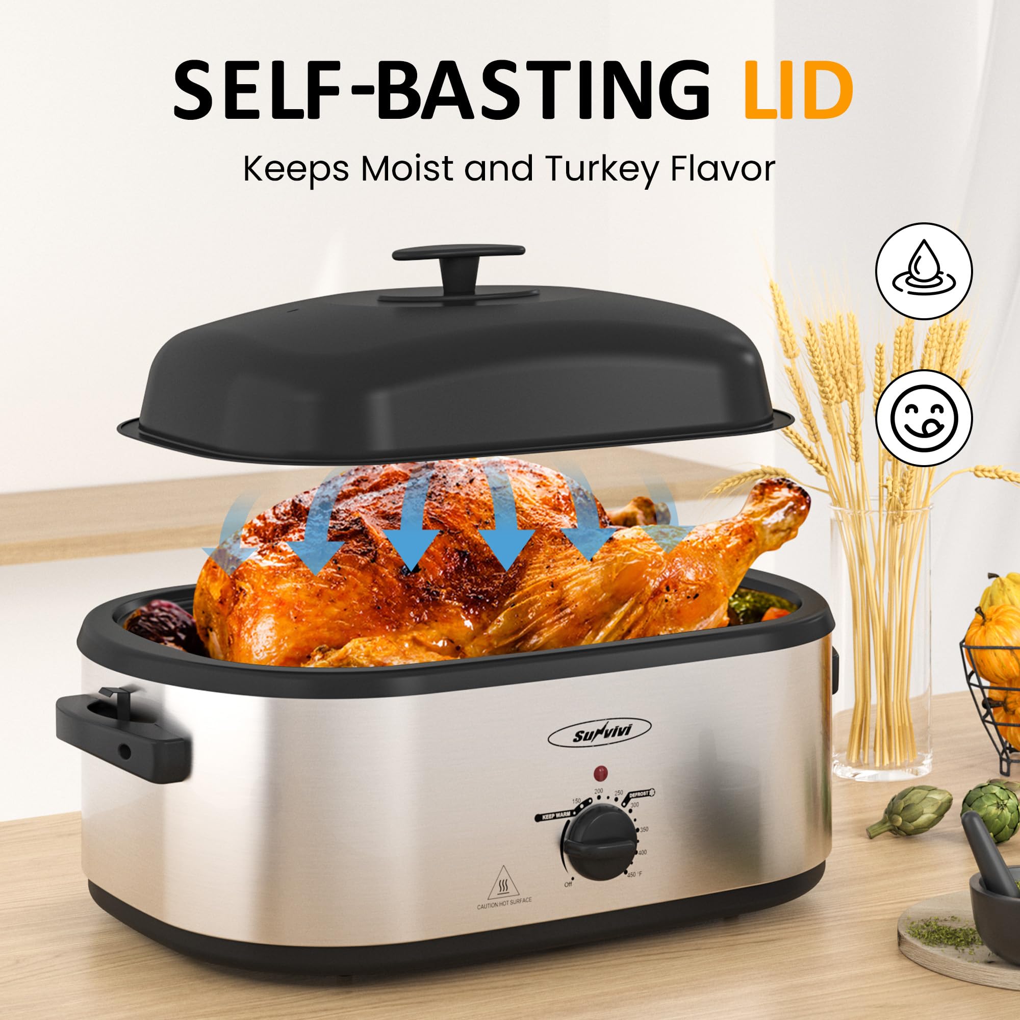 Self-basting lid on the SUNVIVI roaster oven distributing moisture evenly.