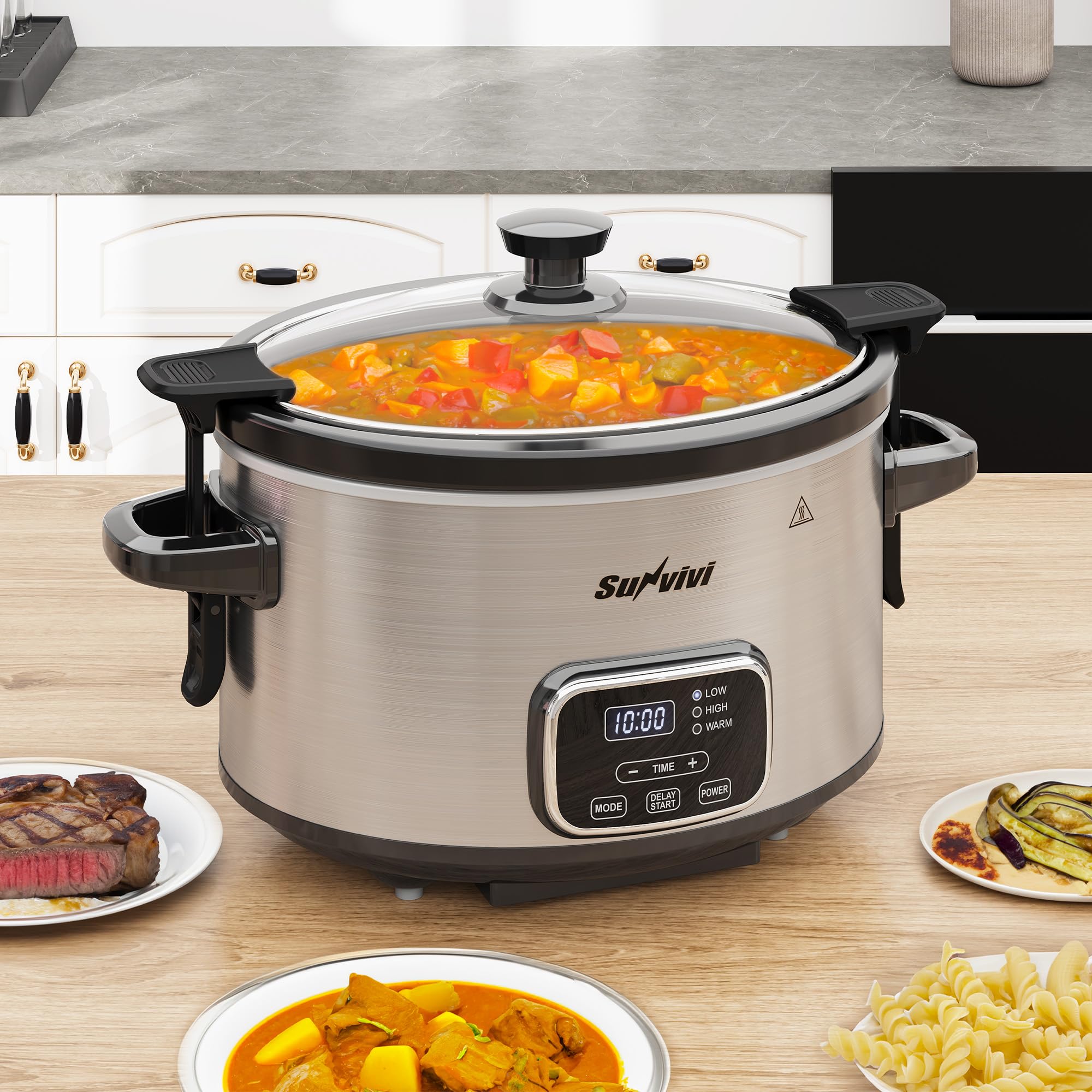 Sunvivi slow cooker dishwasher-safe pot simplifies cleanup after meals.