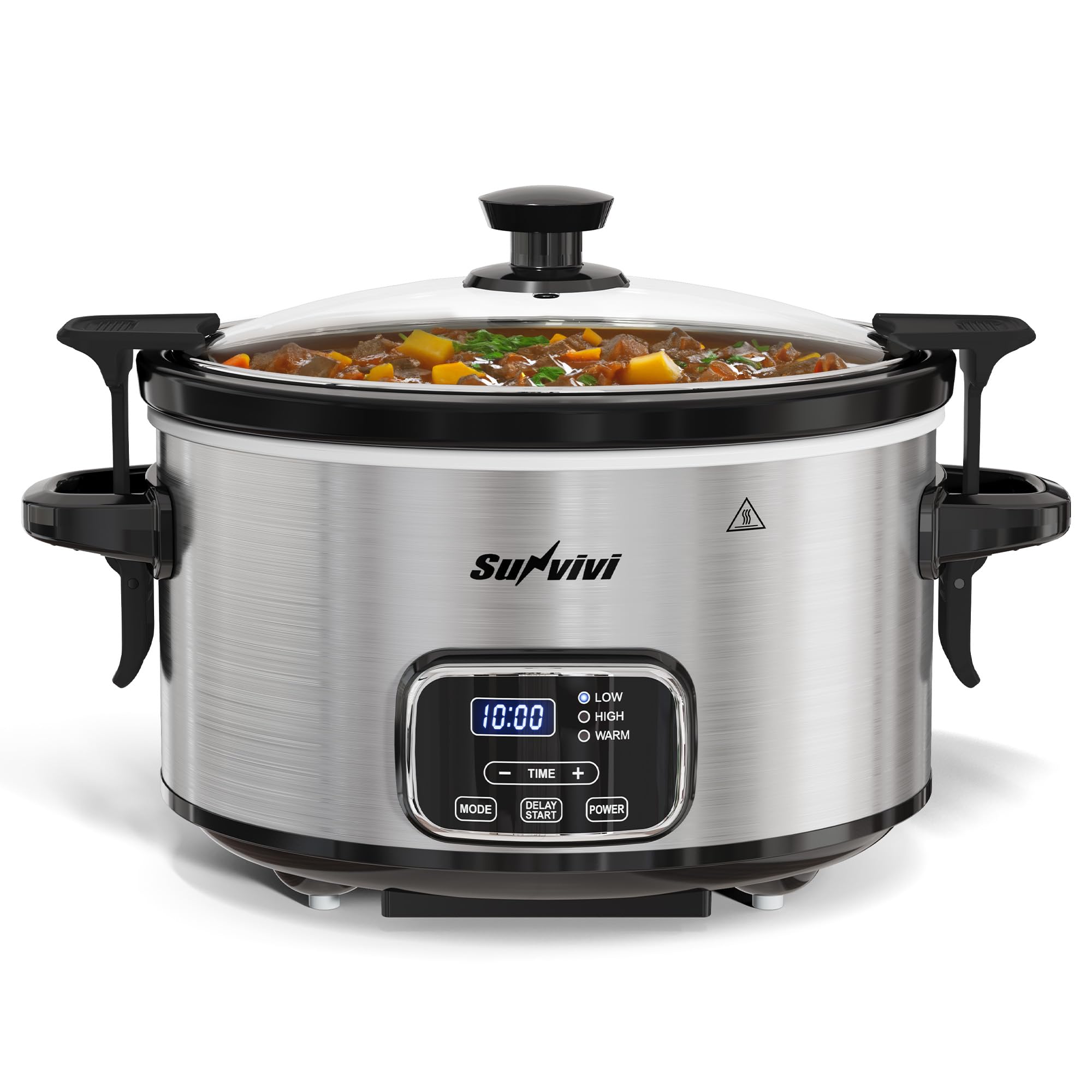 Sunvivi slow cooker with locking lid seals in moisture for even, flavorful meals.