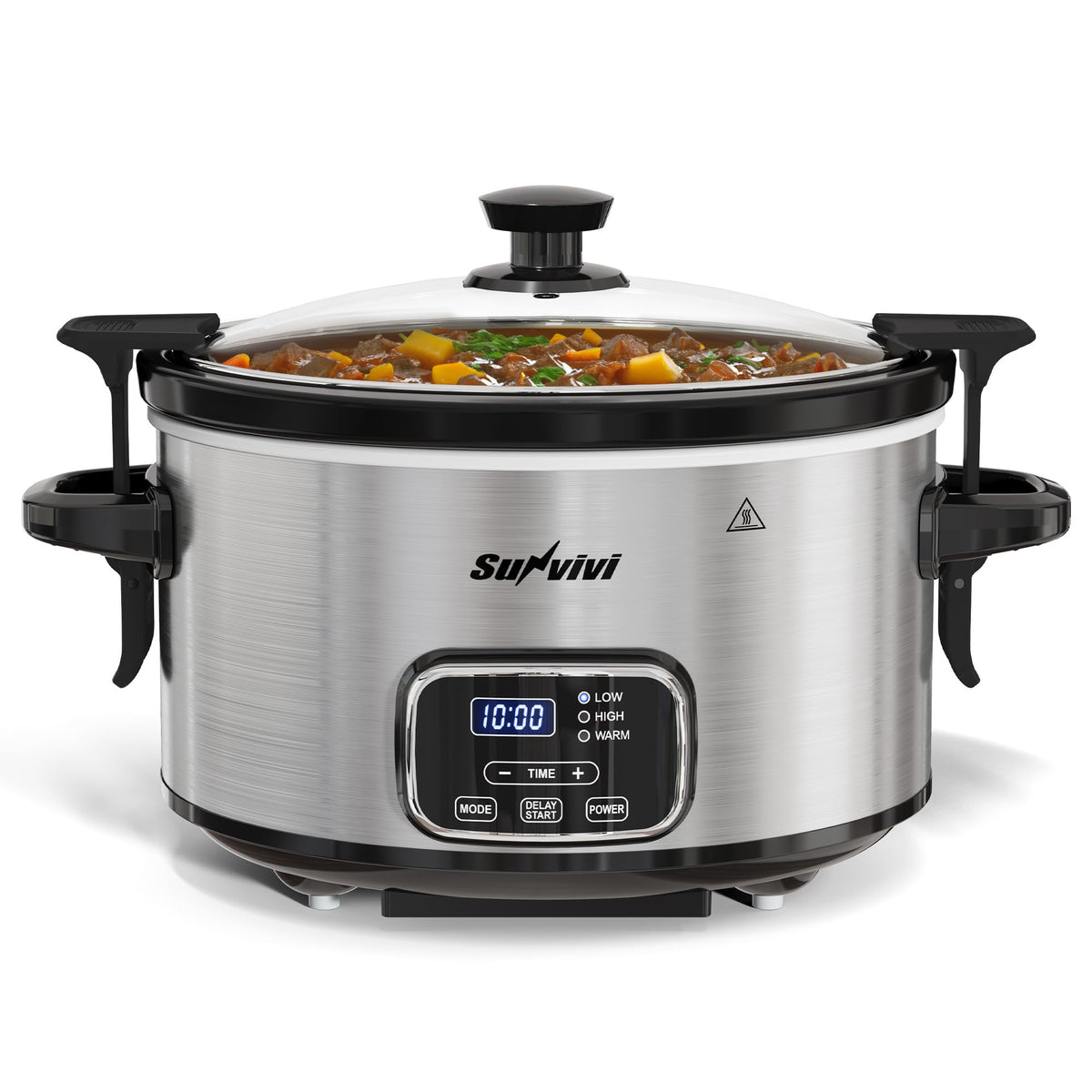 Sunvivi slow cooker with locking lid seals in moisture for even, flavorful meals.
