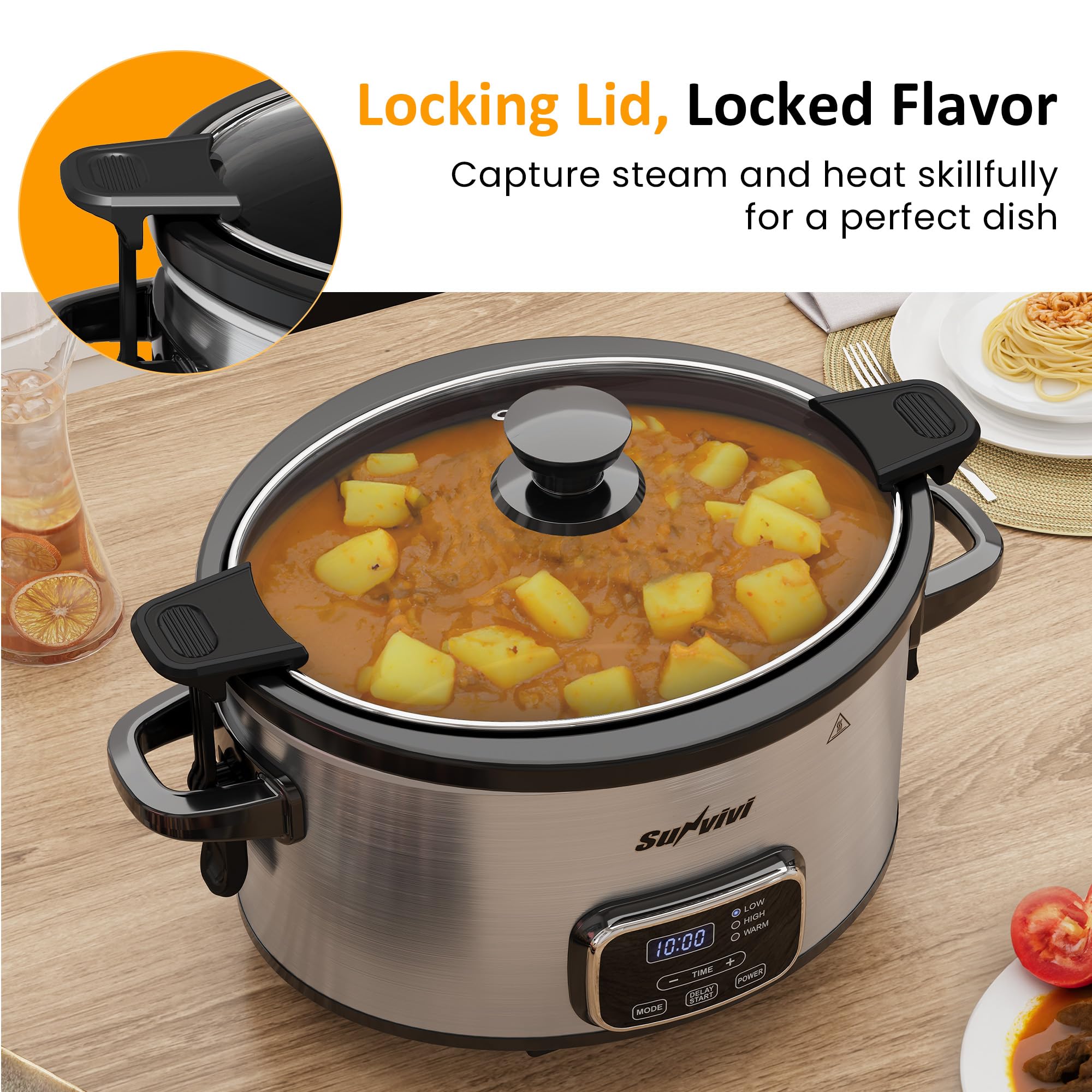 Sunvivi slow cooker with removable ceramic pot for easy cleaning and versatility.