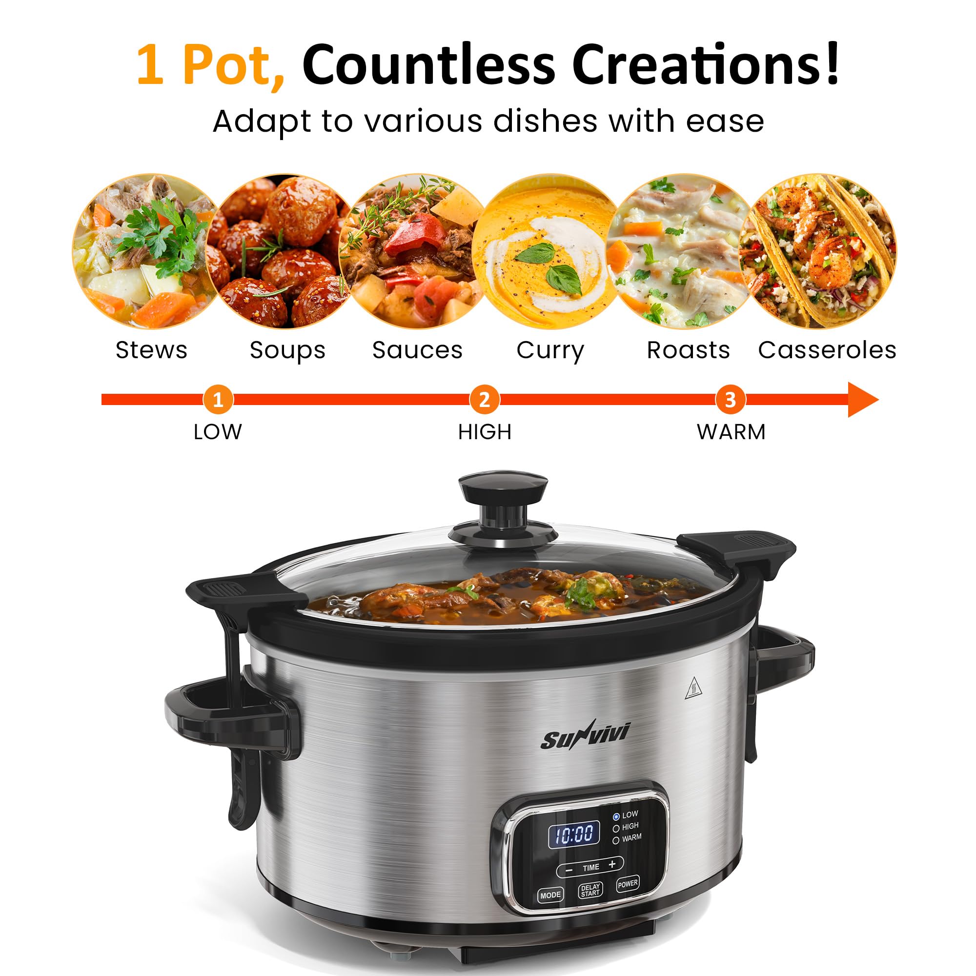Sunvivi slow cooker with stainless steel casing for durable, modern kitchen look.