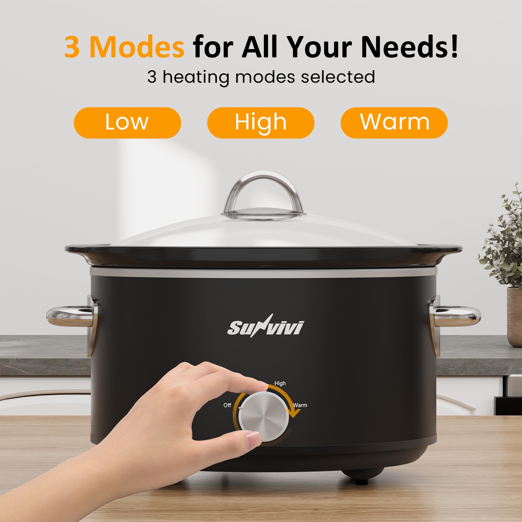 Sunvivi slow cooker knob displaying low warm and high settings for flexible cooking