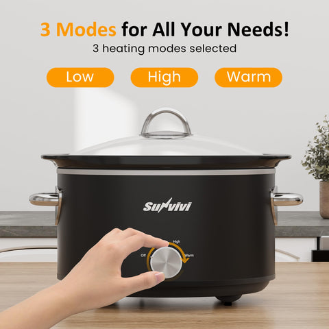Sunvivi slow cooker knob displaying low warm and high settings for flexible cooking