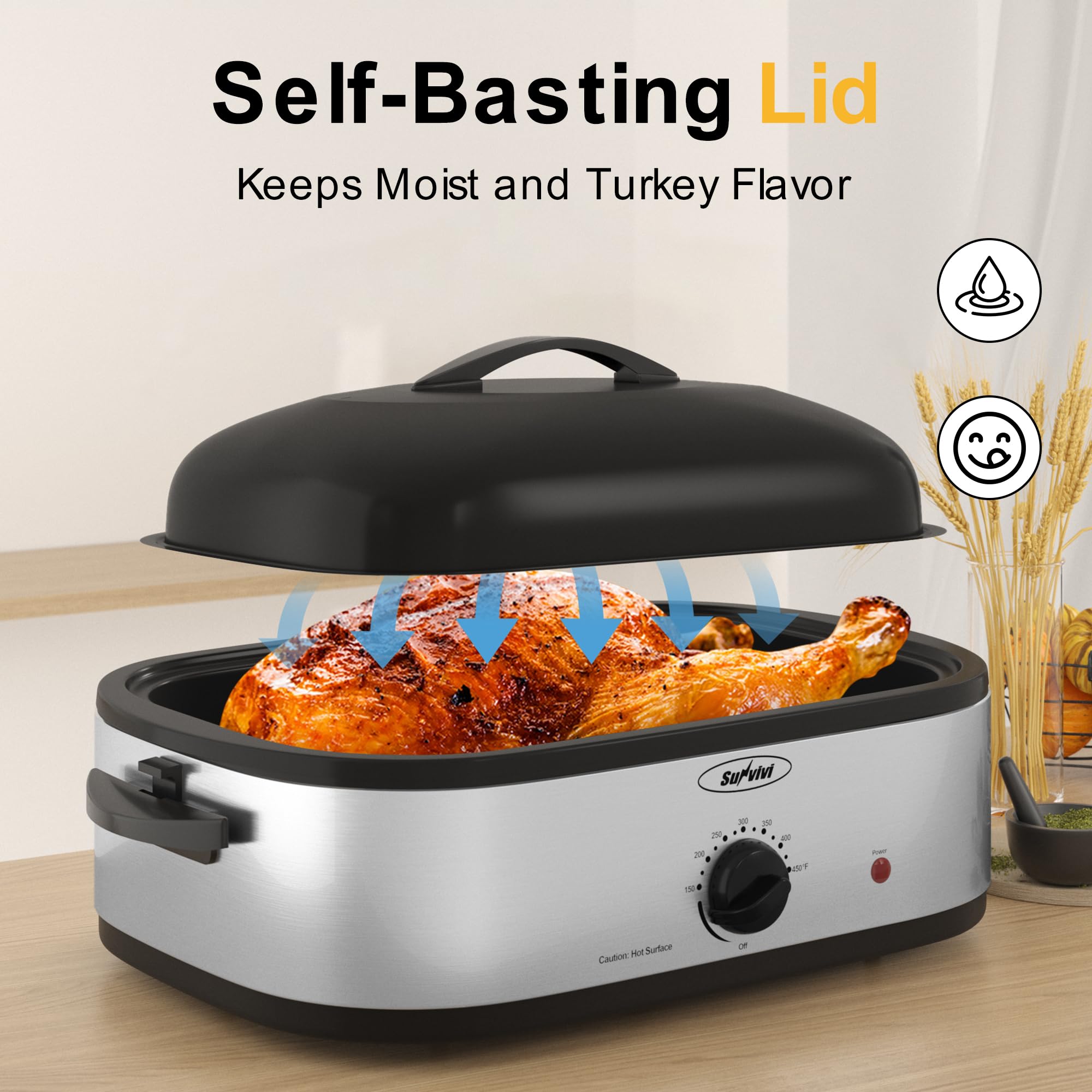 Sunvivi roaster's adjustable temperature for precise cooking from 150 to 450 degrees.