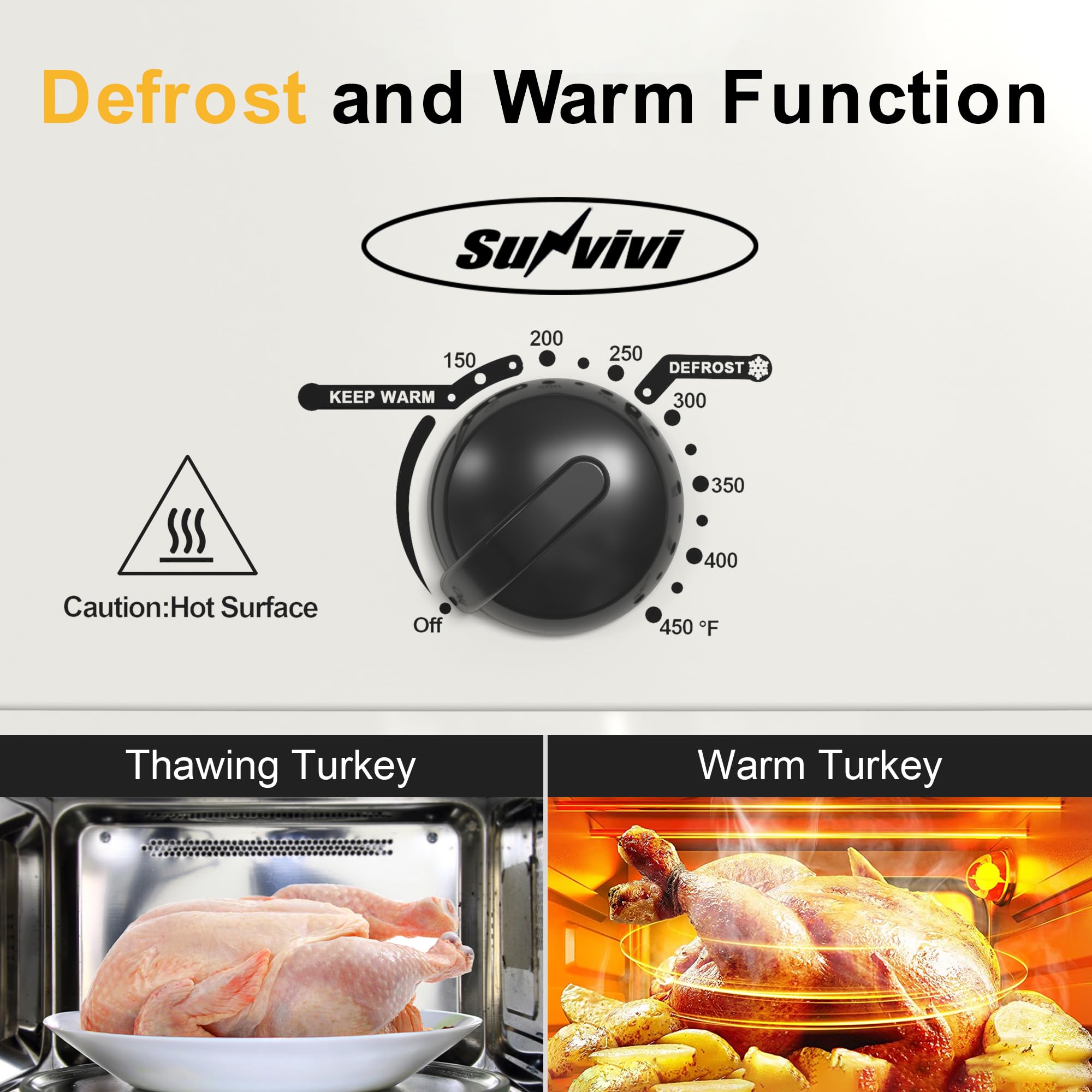 SUNVIVI roaster shows 150–450°F thermostat for versatile cooking.