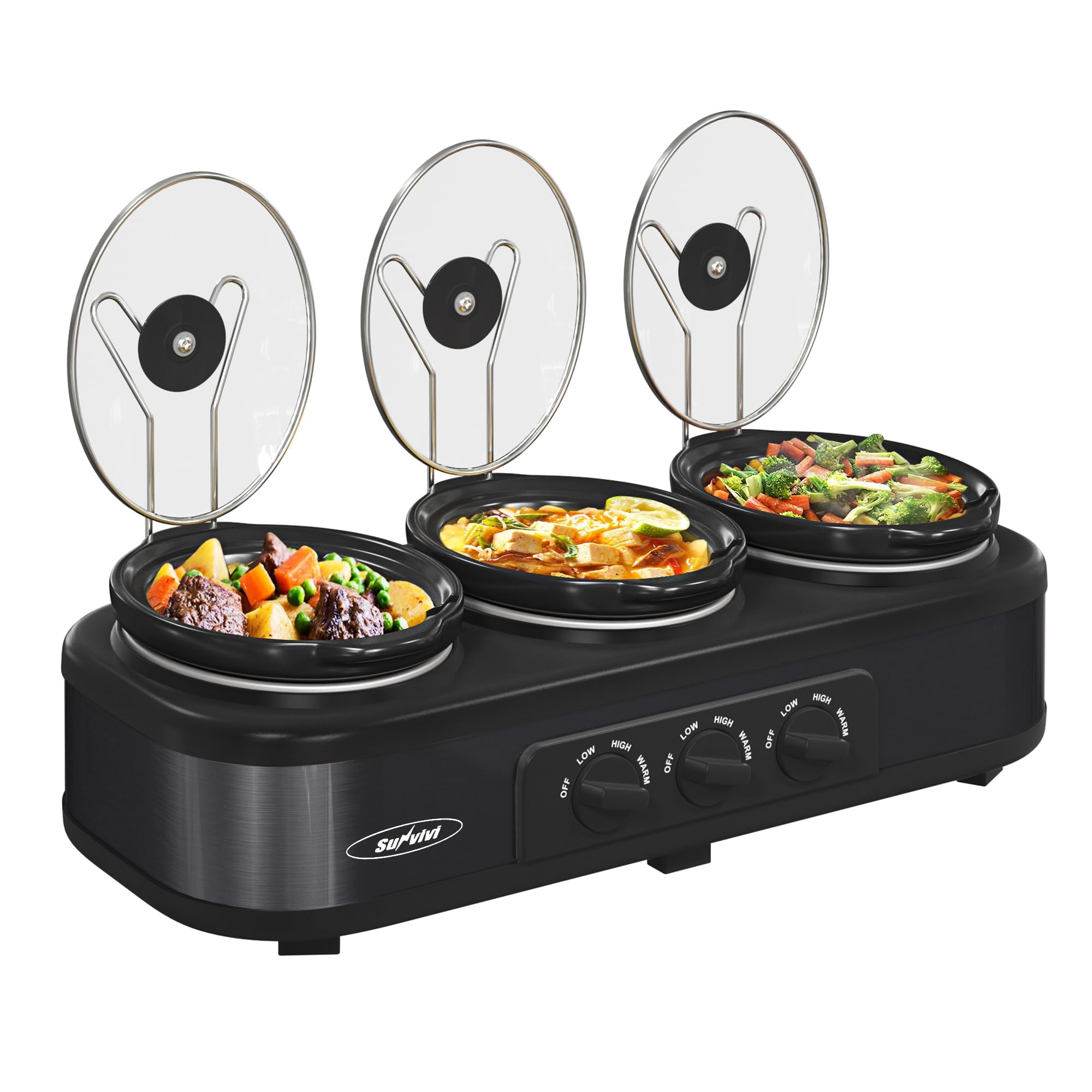 SUNVIVI triple slow cooker buffet setup for versatile three-dish serving.