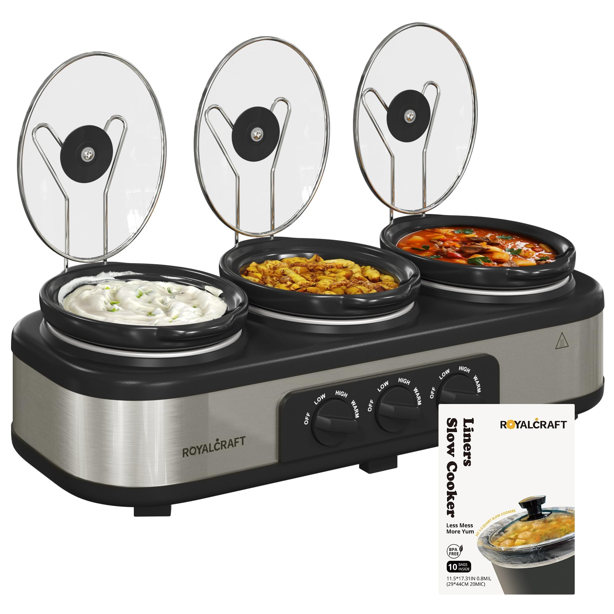 Sunvivi triple slow cooker buffet setup for serving multiple dishes.