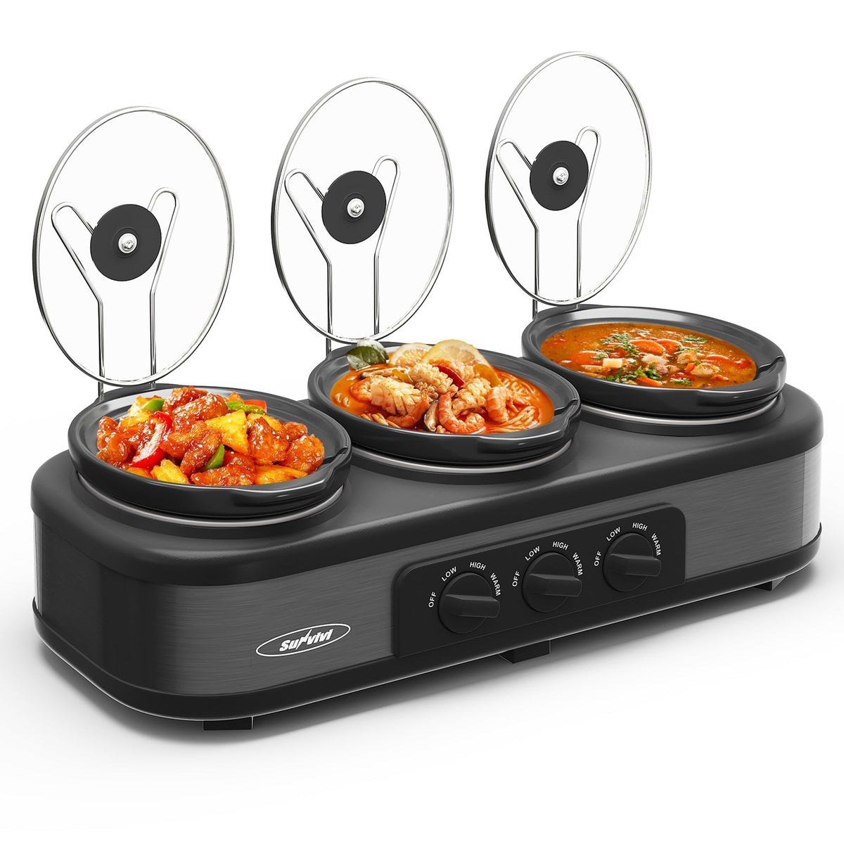 Sunvivi triple slow cooker front view with three crocks and glass lids for organized buffets