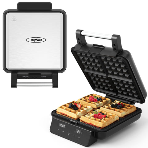 Sunvivi 4-slice waffle maker front view, compact kitchen companion for family breakfasts.