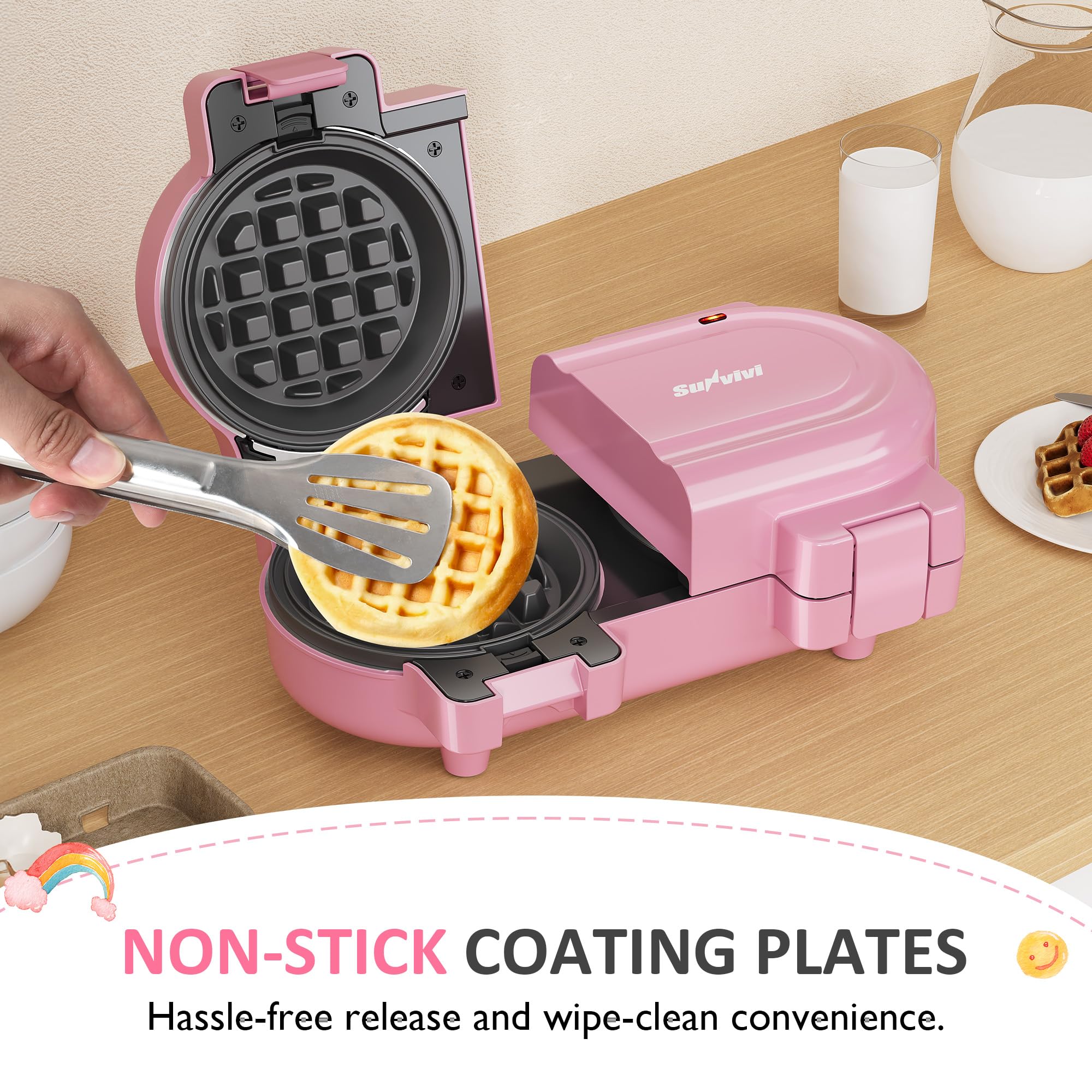 Sunvivi waffle maker demonstrating flip-style control and one-button operation.