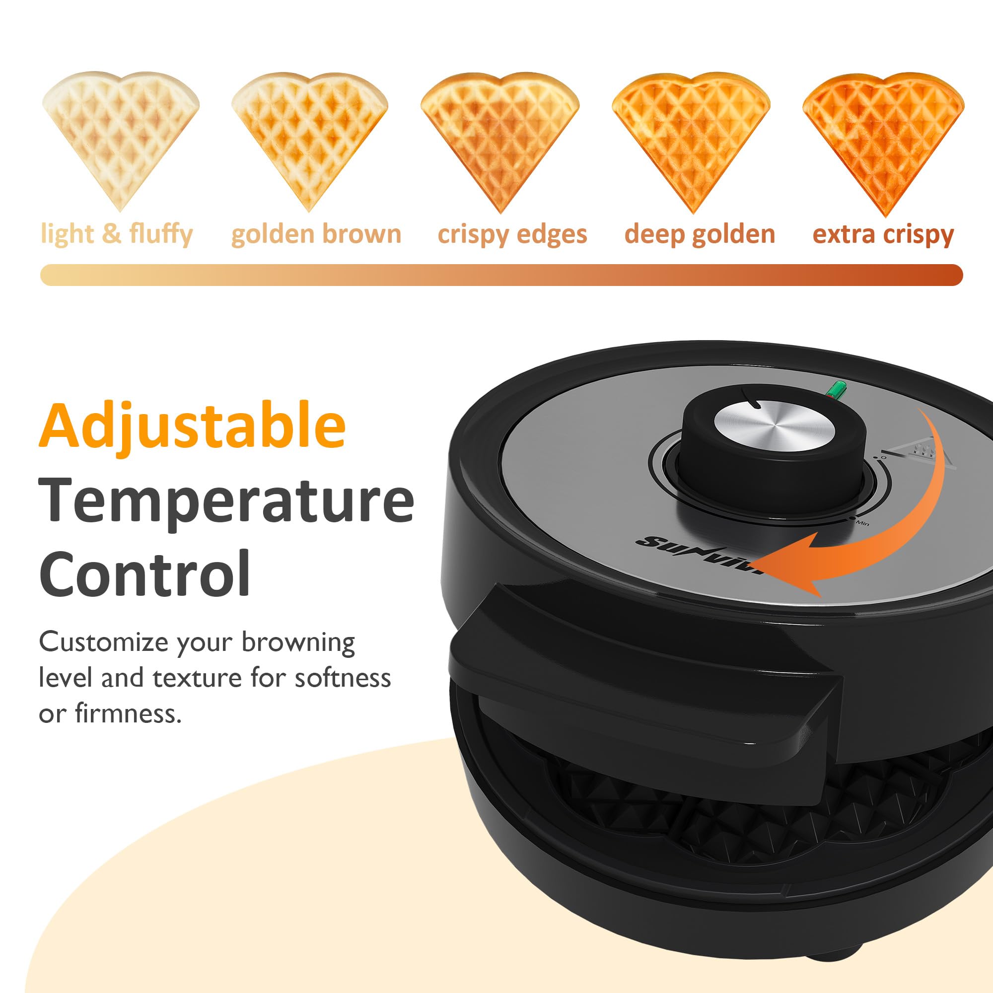Sunvivi indicator light guides you to perfect waffles without guesswork.