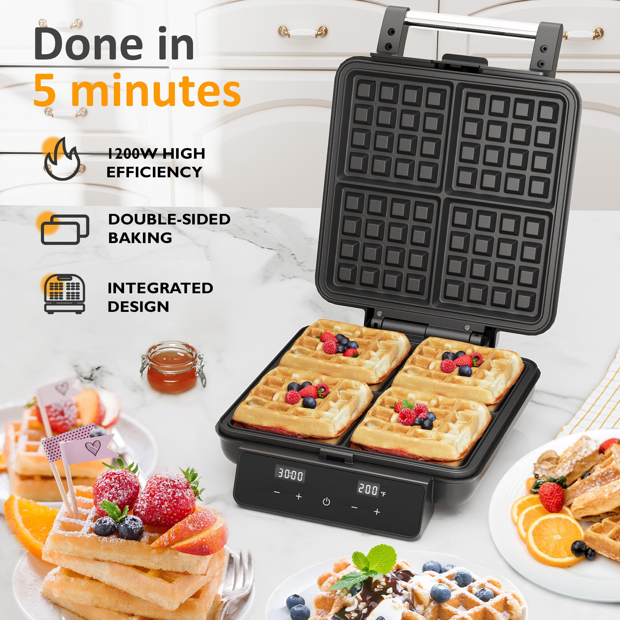 Sunvivi waffle maker LCD display shows timer and temperature for precise control.