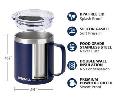 SUNWILL 14oz insulated mug keeps drinks hot or cold during travel