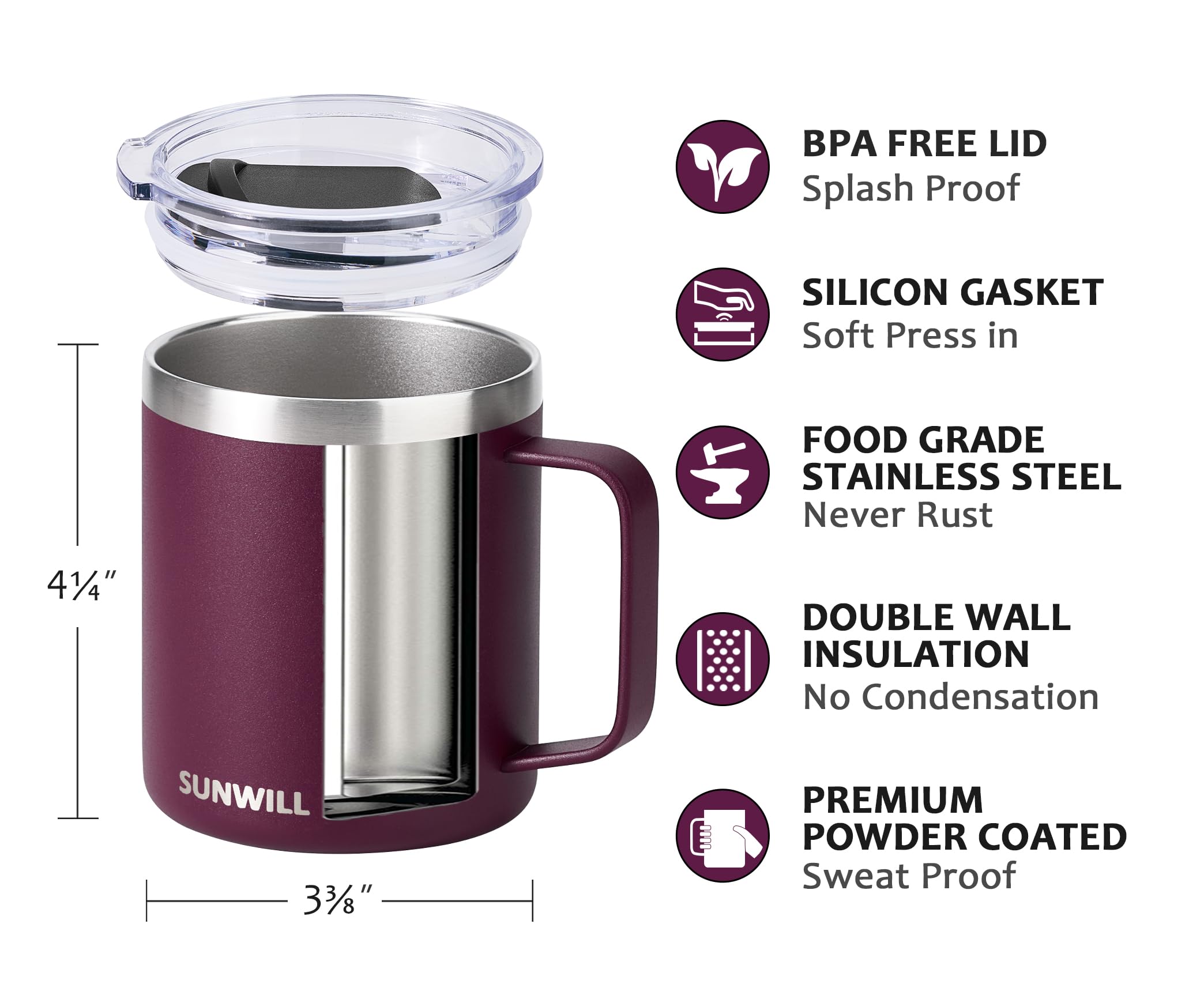 SUNWILL 14oz insulated stainless mug handle for easy on-the-go coffee