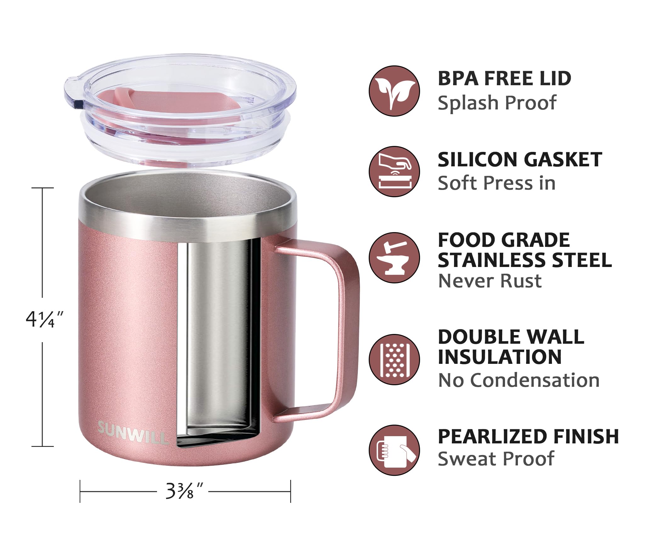 SUNWILL 18/8 stainless steel design resists rust and maintains beverage temperature.