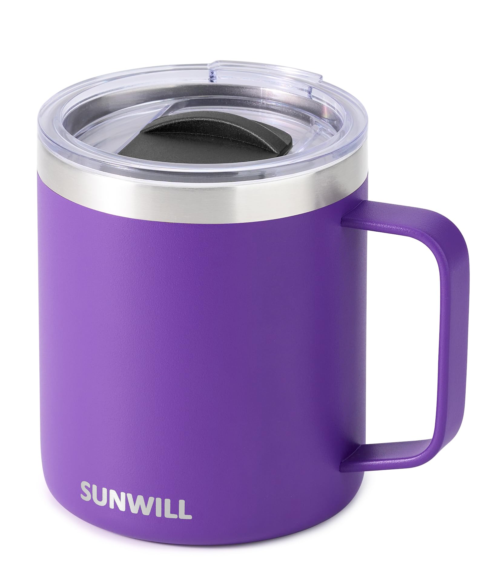 Sunwill insulated mug with purple lid keeps drinks hot or cold during commutes