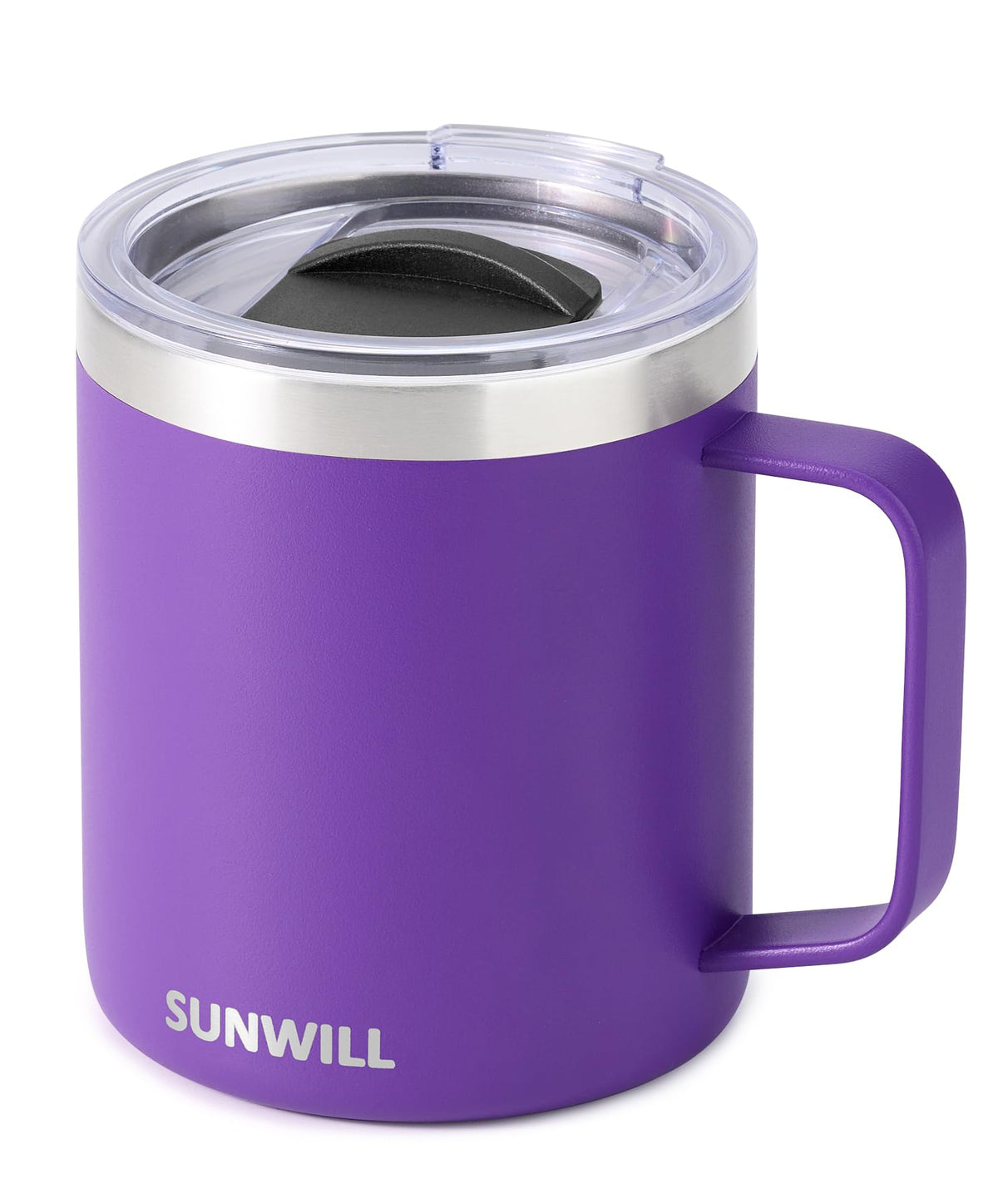 Sunwill insulated mug with purple lid keeps drinks hot or cold during commutes