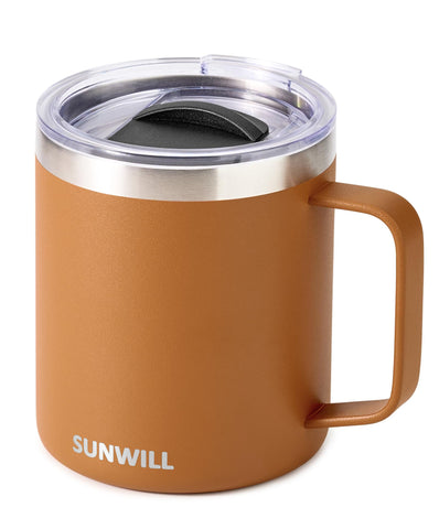 SUNWILL insulated coffee mug caramel with handle keeps drinks hot or cold on the go.