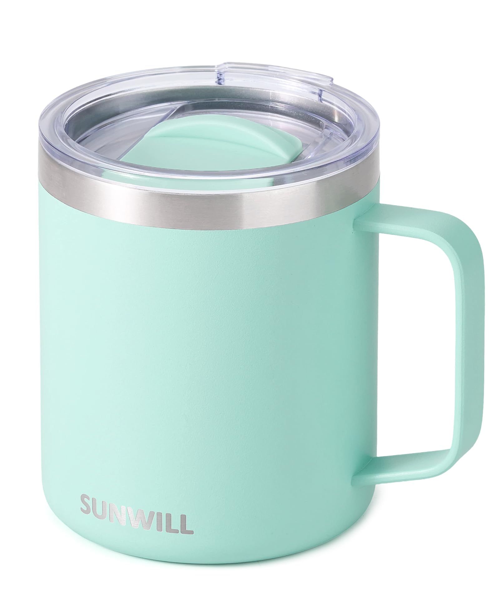 SUNWILL insulated mug front view with mint finish and ergonomic handle.