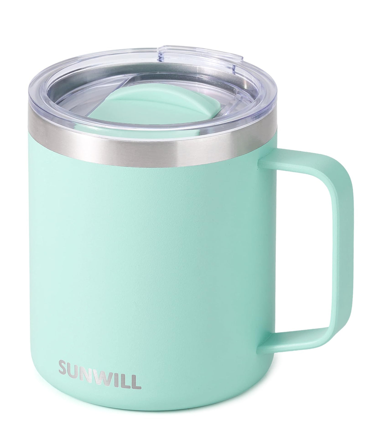 SUNWILL insulated mug front view with mint finish and ergonomic handle.