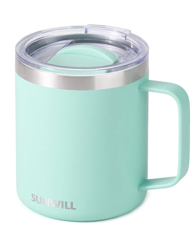 SUNWILL insulated mug front view with mint finish and ergonomic handle.