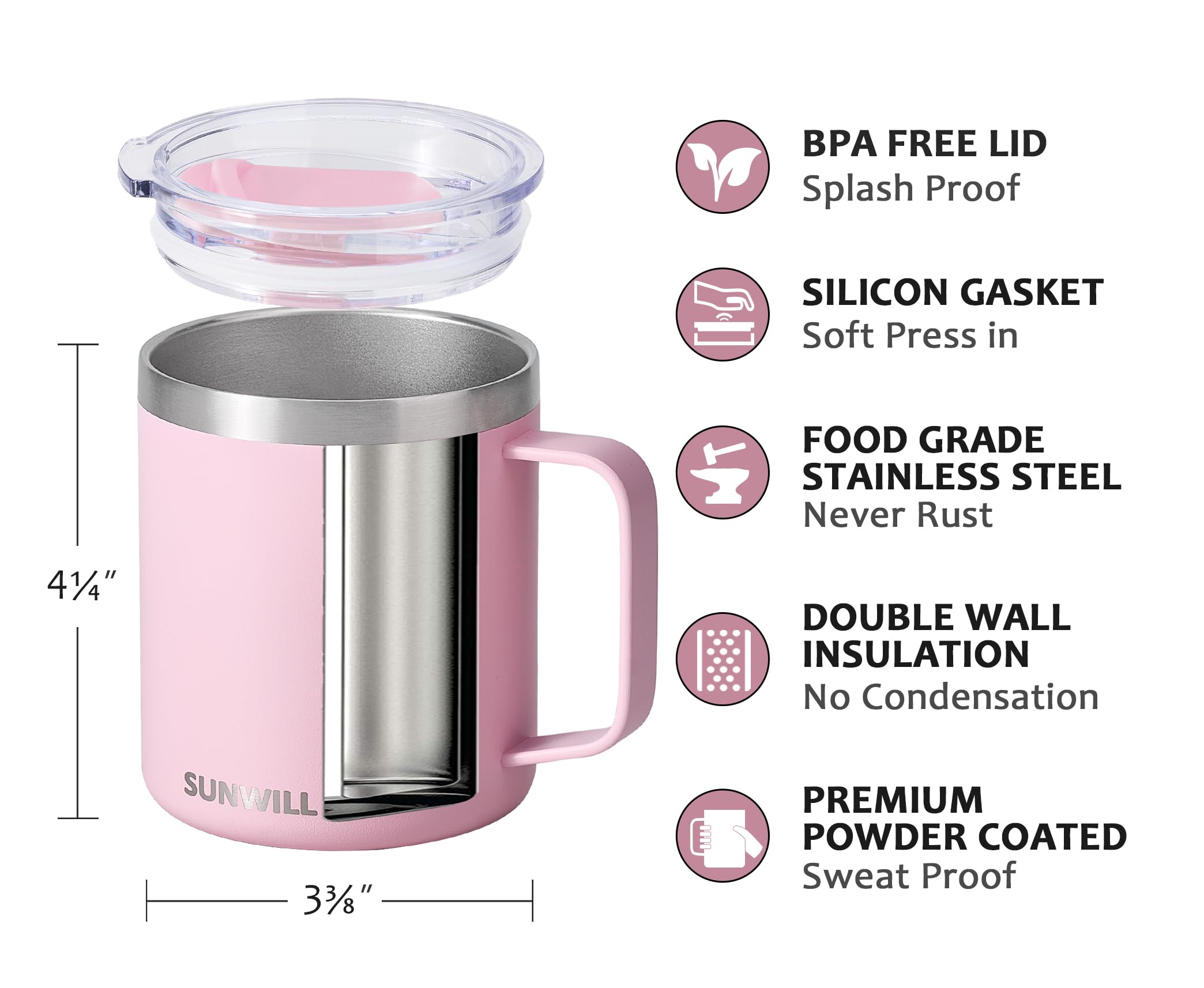 SUNWILL insulated mug lid closeup shows spill-resistant design for travel