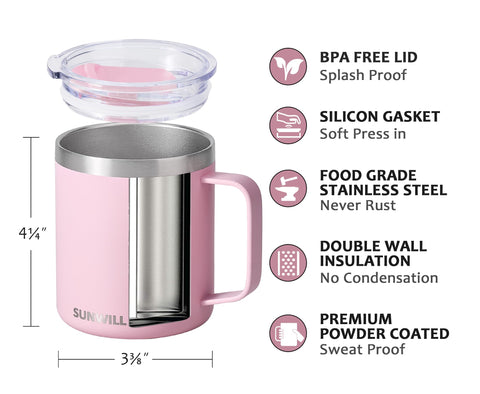 SUNWILL insulated mug lid closeup shows spill-resistant design for travel