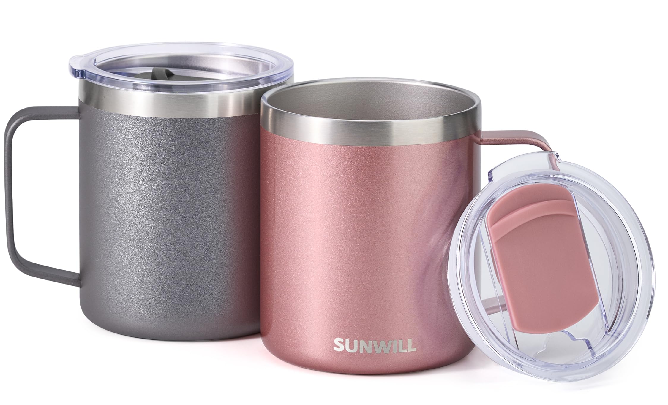 SUNWILL insulated tumbler with handle offers a comfortable grip during outdoor coffee breaks.