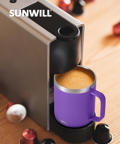 Sunwill mug fits most coffee machines and keeps drinks ready at home