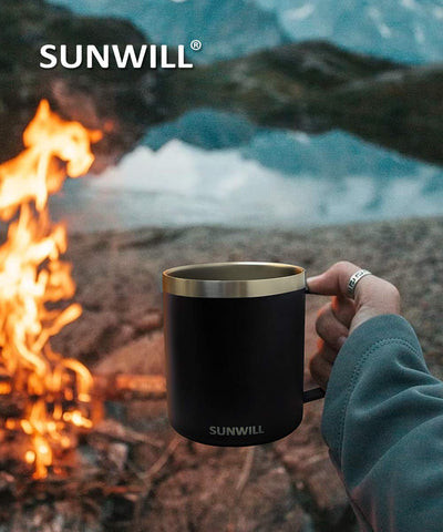 SUNWILL mug at office desk, perfect for hot or cold drinks.