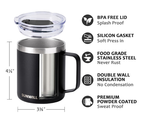 SUNWILL stainless steel mug with vacuum insulation maintains hot or cold drinks.